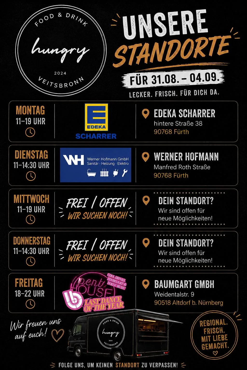 Standorte des HUNGRY Foodtrucks von Montag bis Freitag